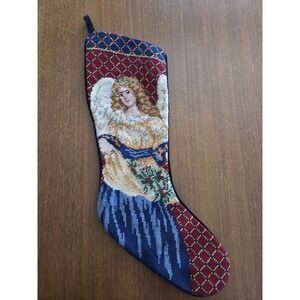 Vtg Wool Needlepoint Christmas Stocking Angel Holiday Classic Traditional